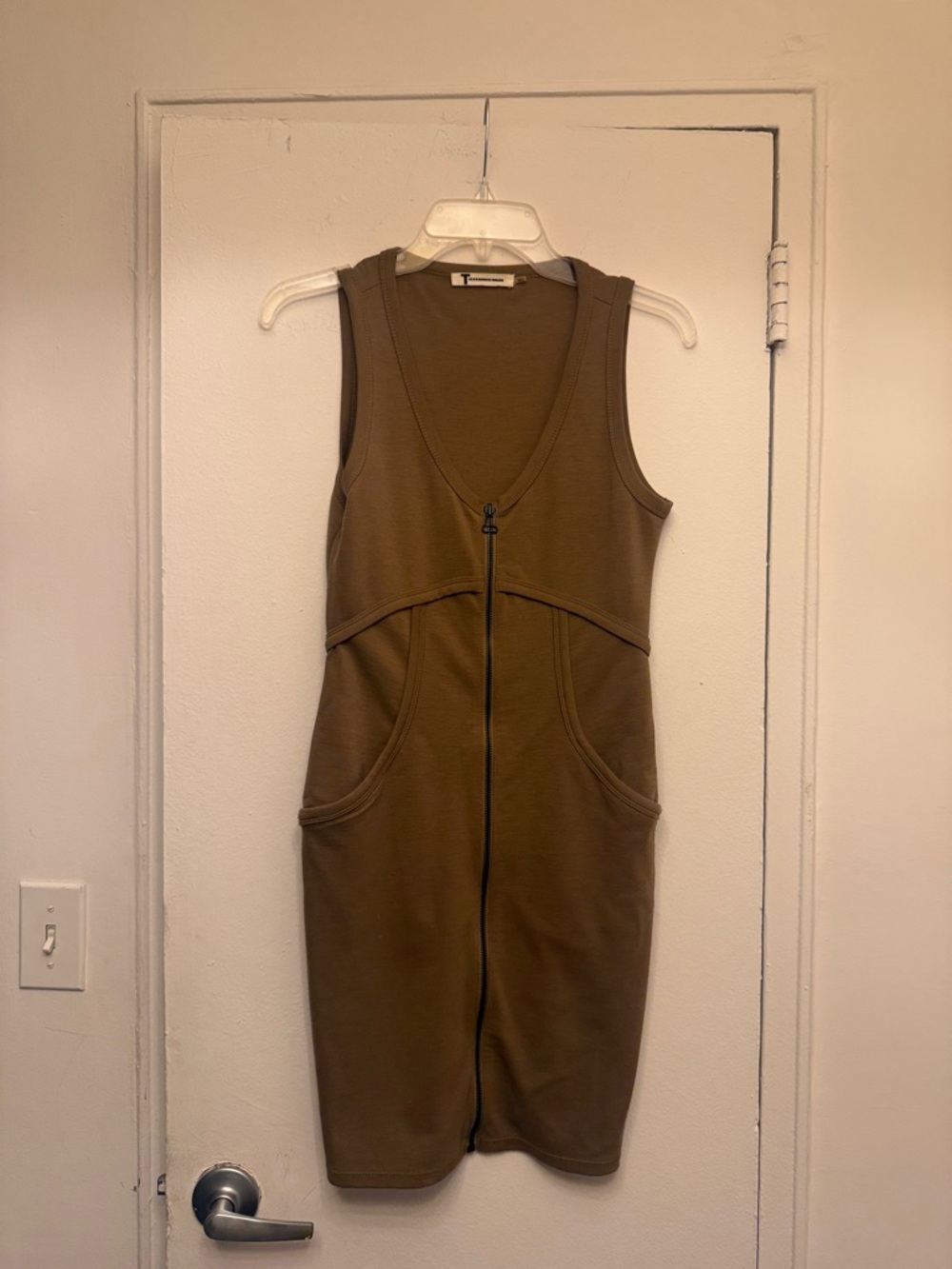 Zip-Front Sleeveless Midi Dress in Olive